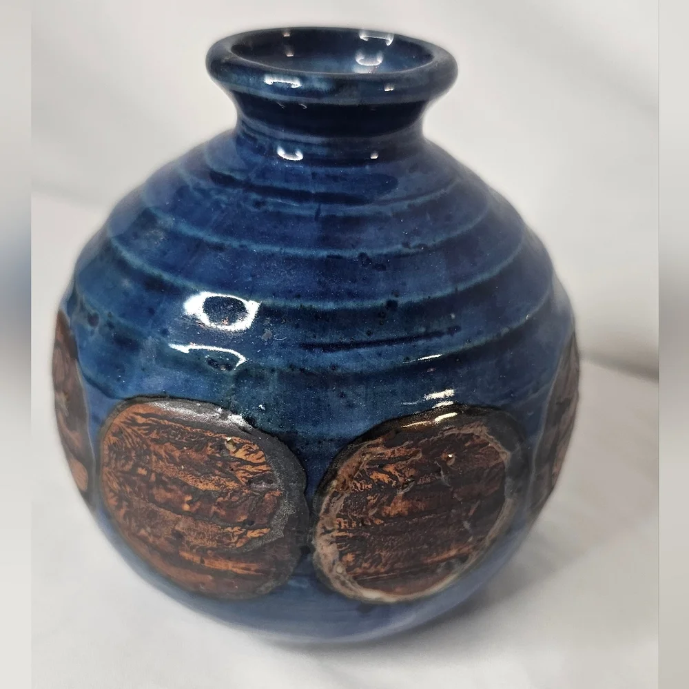 Otagiri OMC Japan Miniature Bud Vase Blue Brown Glazed Gold Sticker Vintage